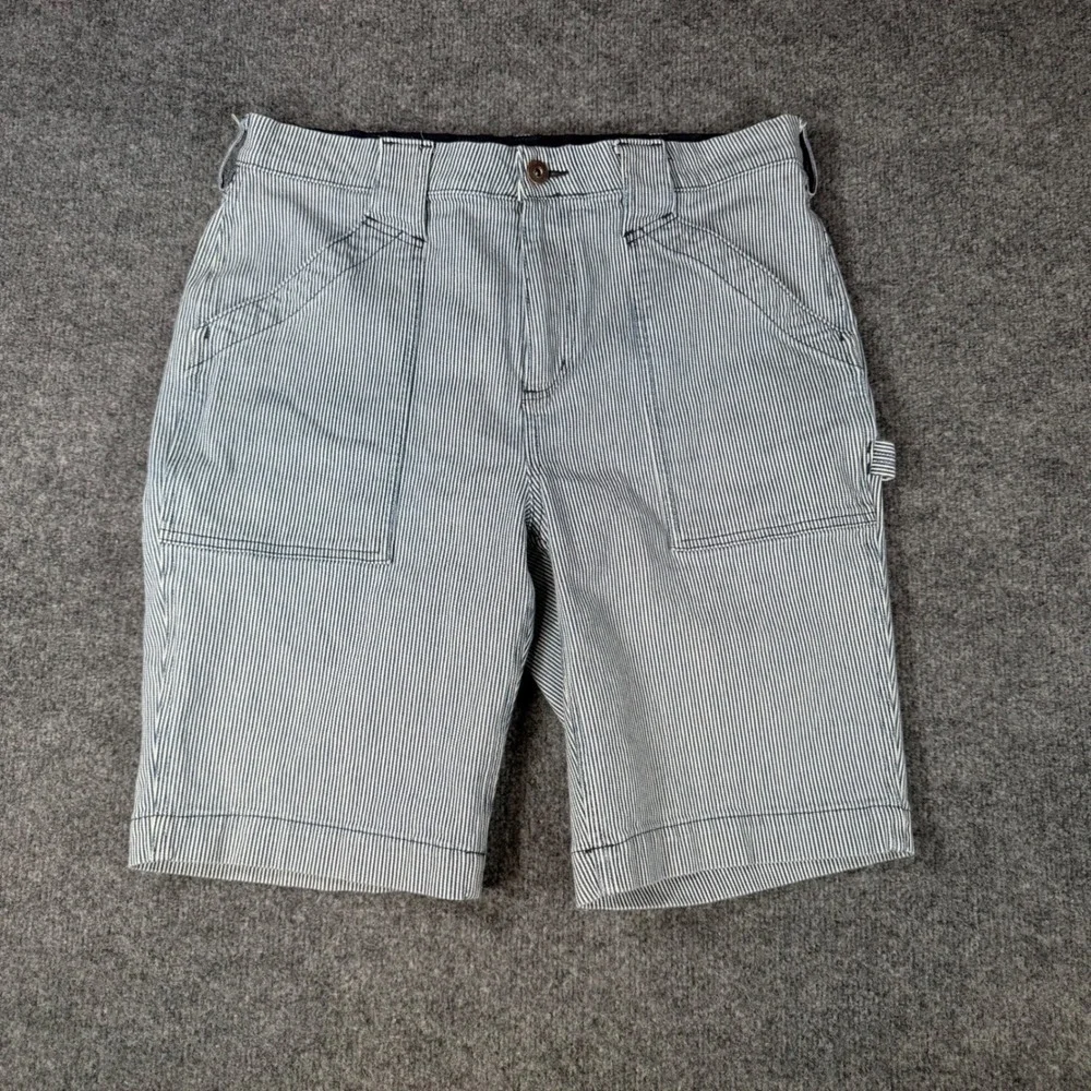 Duluth Trading Co Hickory Stripe Carpenter Shorts 12 Blue White Utility Workwear